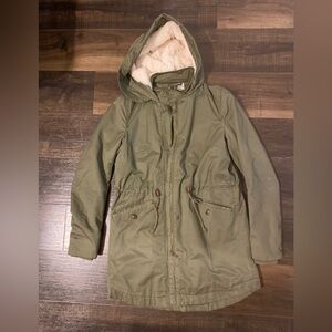 H&M Army Green Coat with Sherpa Hood and Drawstring Waist